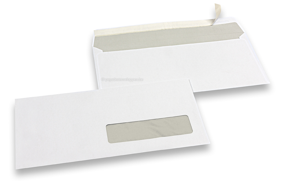 Enveloppes blanches à fenêtre, blanche, 110 x 220 mm (EA 5/6), fenêtre à droite 30 x 100 mm, position de la fenêtre à 15 mm du droit et à 20 mm du bas, bande adhésive, 80 grammes