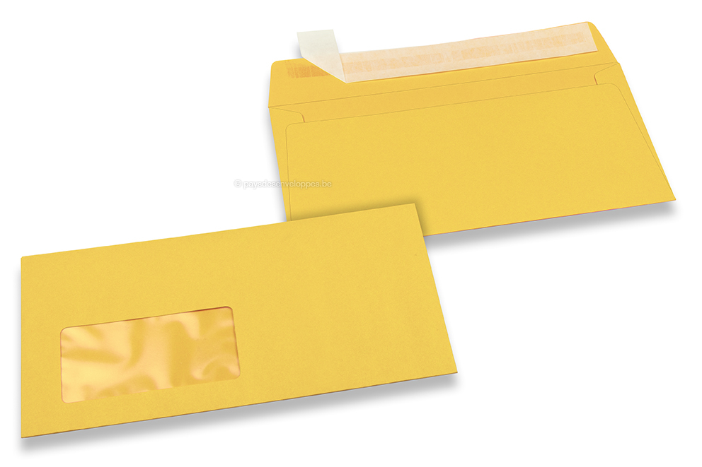 Enveloppes à fenêtre colorées - Jaune bouton d'or, 110 x 220 mm (DL), fenêtre à gauche, format de la fenêtre 45 x 90 mm, position de la fenêtre 20 mm à partir de la gauche / 15 mm bord en bas, fermeture par bande adhésive, papier de 120 grammes