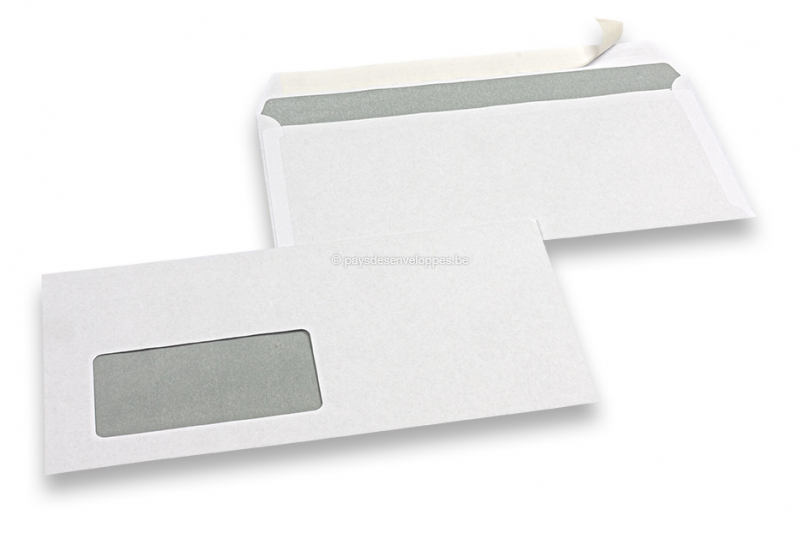 Enveloppes blanches standards, 110 x 220 mm, papier 80 gr, fenêtre à gauche 45 x 90 mm, position de la fenêtre à 20 mm du gauche et à 15 mm du bas, fermeture avec bande adhésive