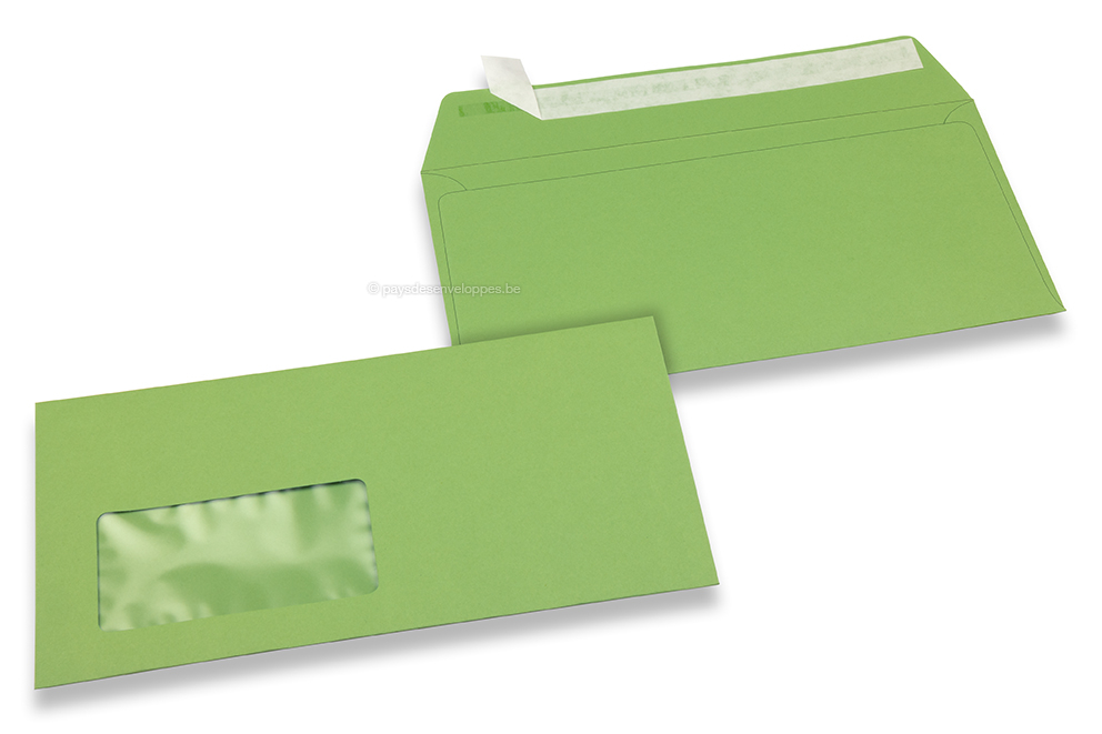 Enveloppes à fenêtre colorées - Vert pomme, 110 x 220 mm (DL), fenêtre à gauche, format de la fenêtre 45 x 90 mm, position de la fenêtre 20 mm à partir de la gauche / 15 mm bord en bas, fermeture par bande adhésive, papier de 120 grammes