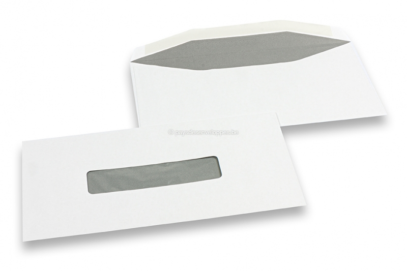 Enveloppes à fenêtre, blanche, 109 x 224 mm, fenêtre 25 x 110 mm, position de la fenêtre à 53 mm du gauche et à 40 mm du bas, gommée, 80 grammes