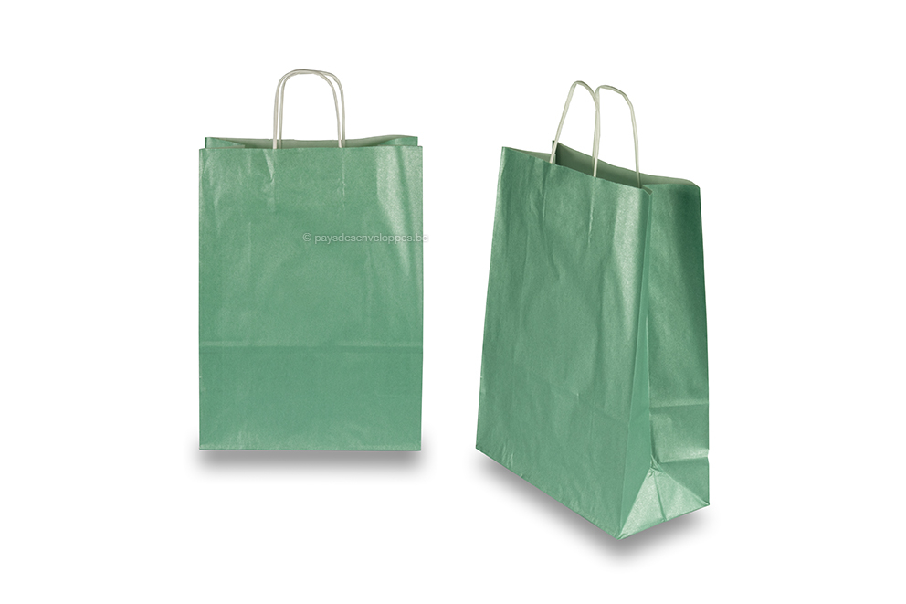 Sacs papier kraft avec anses rondes - vert métallisé, 260 x 120 x 350 mm, 90 gr