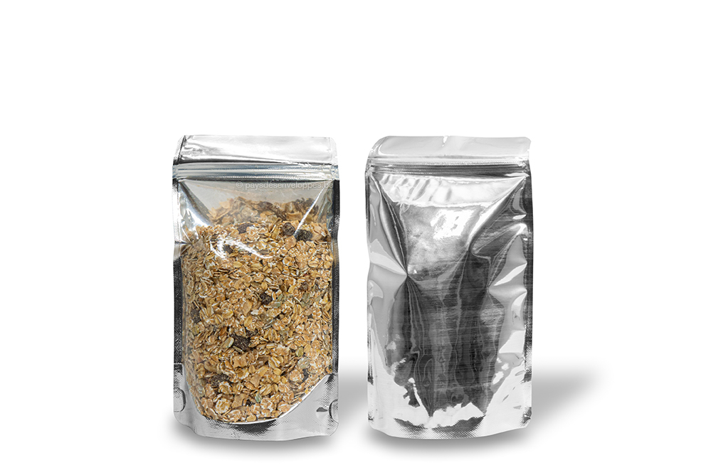 Sachets stand-up métalliques transparents - argent métallisé, 130 x 225 x 70 mm - 500 ml